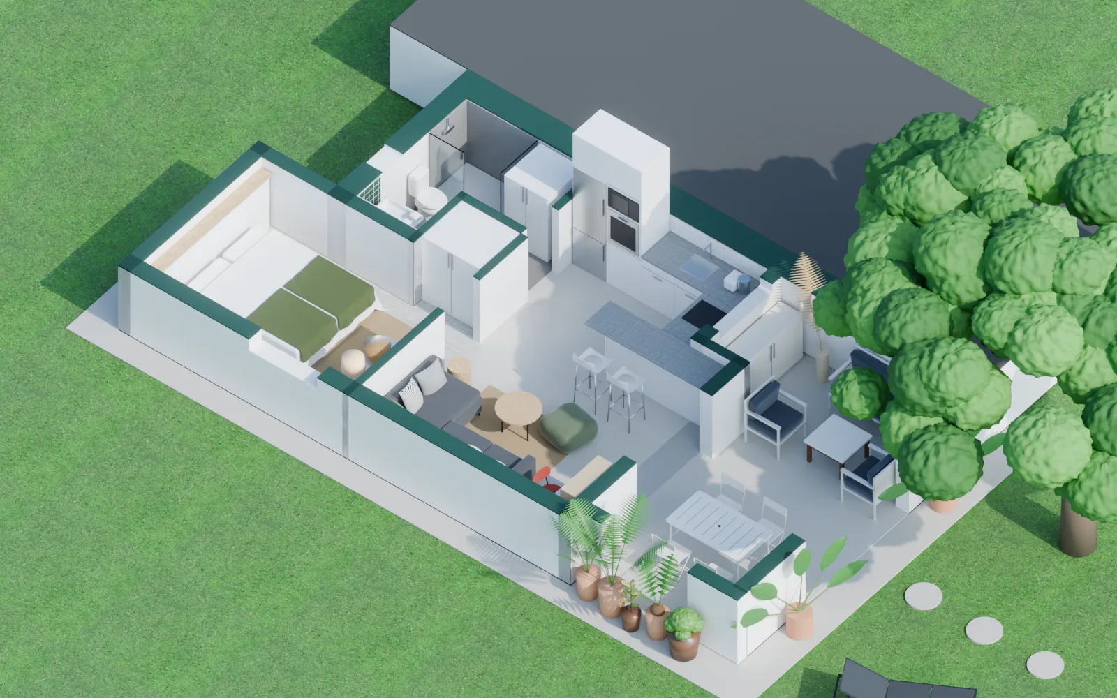 3D model of the house seen from above, roof removed